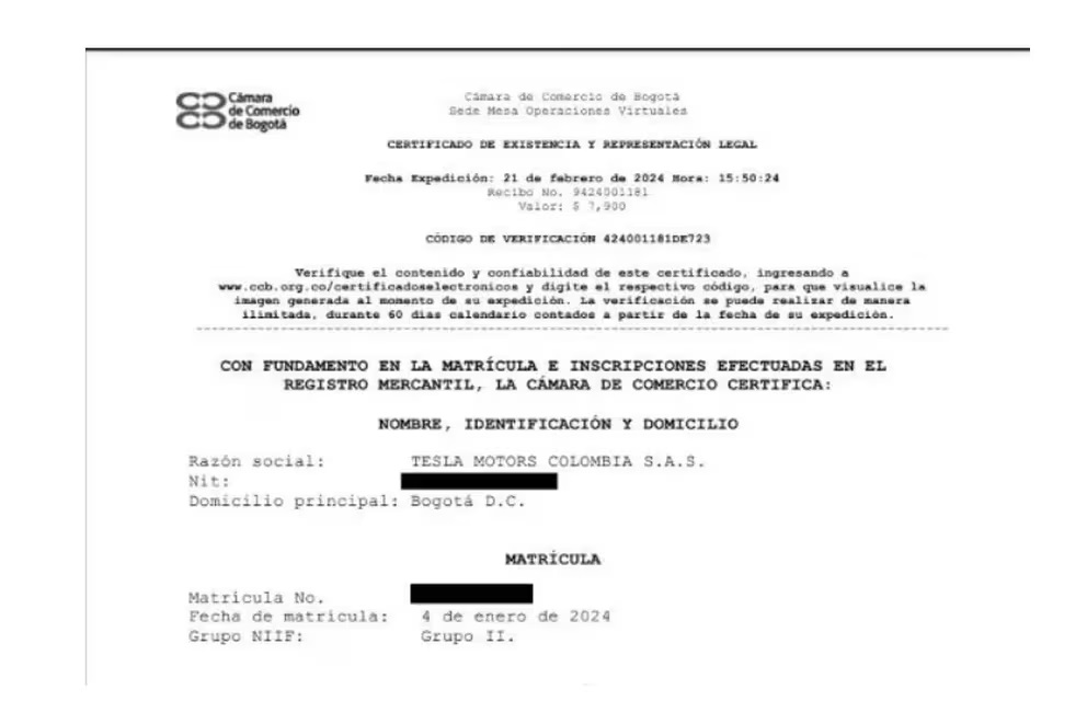 Documento que demuestra el registro de Tesla en Colombia